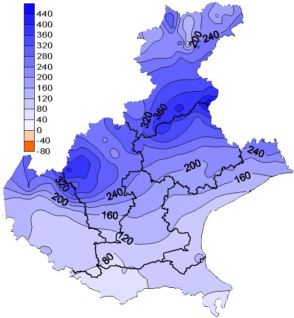 Precipitazioni del mese di GENNAIO 214 Precipitazioni del mese di Gennaio (mm) Differenza in mm rispetto alla media del periodo 1994-213 Bilancio Idroclimatico* (P-ETP) mese di GENNAIO 214 Bilancio