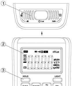 3. Descrizione 1. sensori luce, suono e umidità. 2. display LCD 3. tasti funzione 4. selettore rotativo funzioni/portate 5. boccola 10A 6. boccola ma/ C 7. boccola COM 8. boccola / /Hz/V/Ω 4.