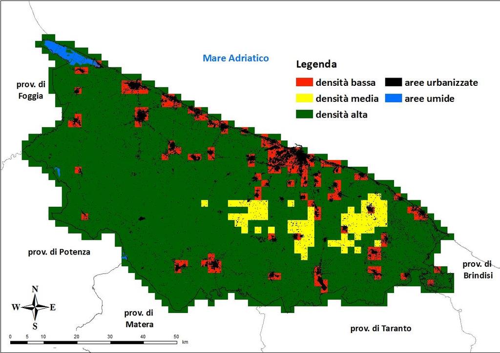 Sulla base di questa classificazione e utilizzando la griglia con celle di 2 km, è stato riclassificato l ATC Bari; il territorio è considerato per il 9,0% a densità