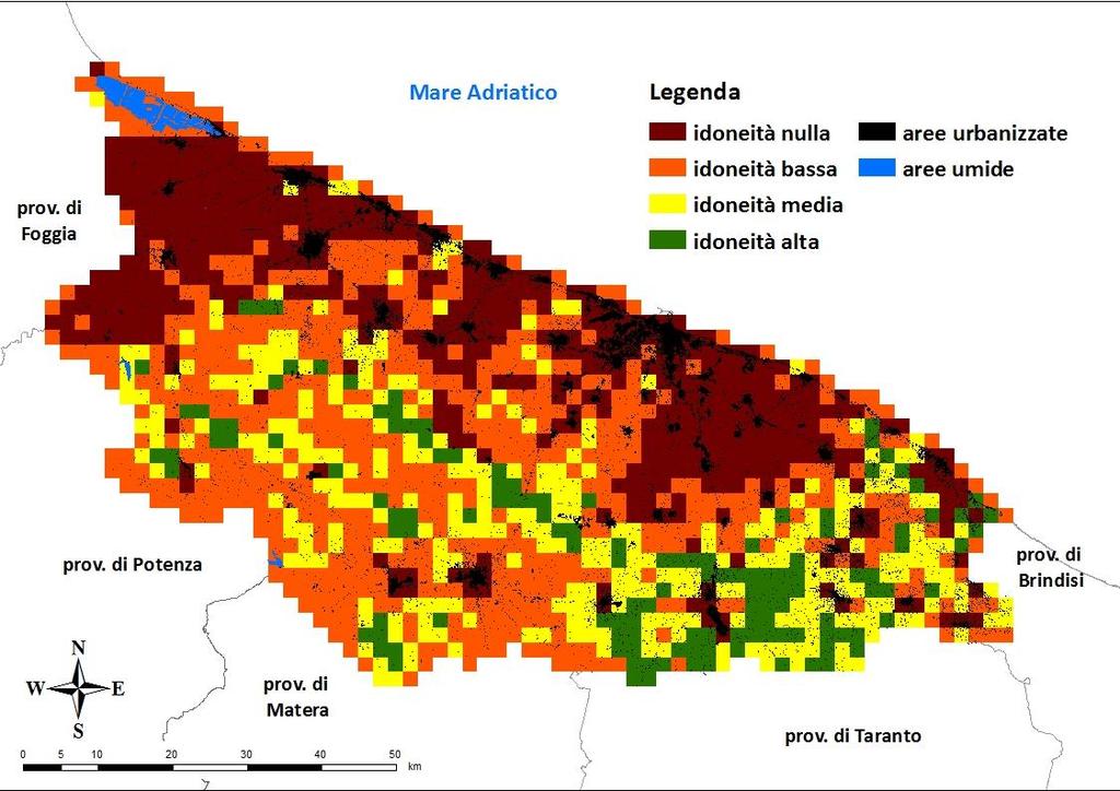 La probabilità media di presenza è pari a 0,39, con il 32,0% del territorio ad idoneità nulla, il 38,2% ad idoneità bassa, il 20,5% ad idoneità