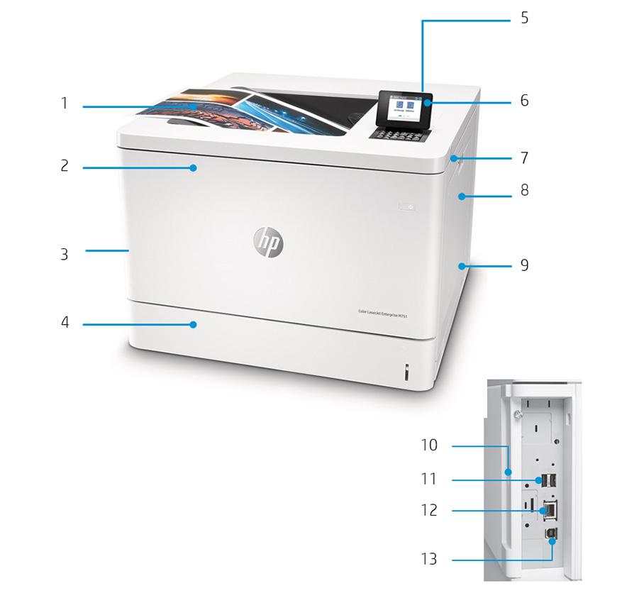 Panoramica del prodotto Nell'illustrazione: stampante HP Color LaserJet Enterprise dn 1. Vassoio di raccolta da 250 fogli 2.