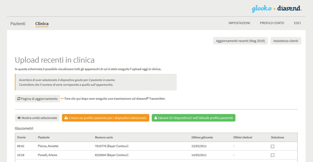 6 Visualizzazione dei dati Clinica Nella scheda Clinica è possibile visualizzare i dati senza creare un profilo paziente. Spuntare la casella dei dati caricati che si desidera visualizzare.