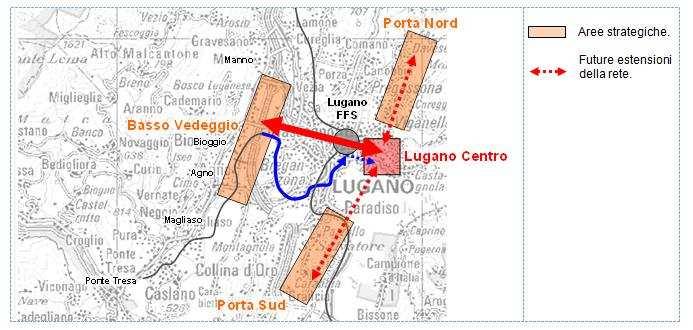 Linea FLP esistente Passeggeri/giorno nel 2030 senza la rete tram-treno Rete tram-treno del Luganese Passeggeri/giorno nel 2030 con collegamento diretto Bioggio - Lugano centro Manno Lugano FLP 2 200
