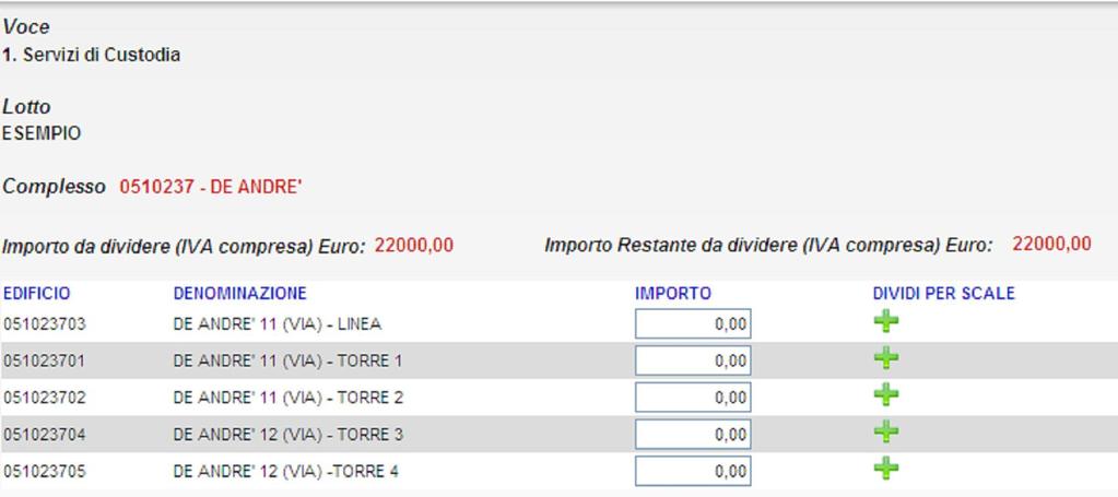 consumo+iva) da dividere e la lista dei complessi del lotto.