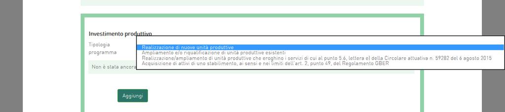 5. Investimento Dopo aver inserito la sintesi del programma, l utente dovrà cliccare su Conferma e visualizzerà la sezione relativa all Investimento.