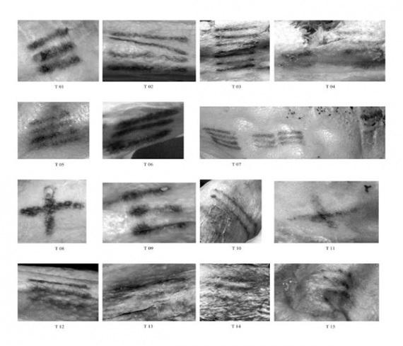 61 tatuaggi sulla mummia del Similaun, maschio tra i 40 e i 50 anni,