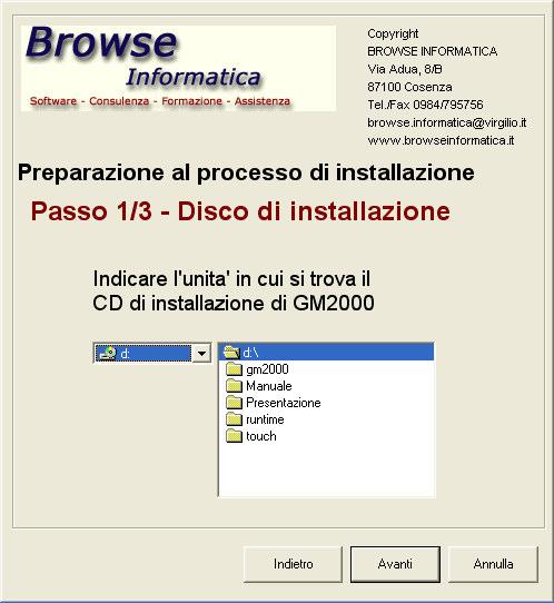 Selezionare il drive sorgente che contiene il CD di installazione di GM2000 per far si che il pulsante