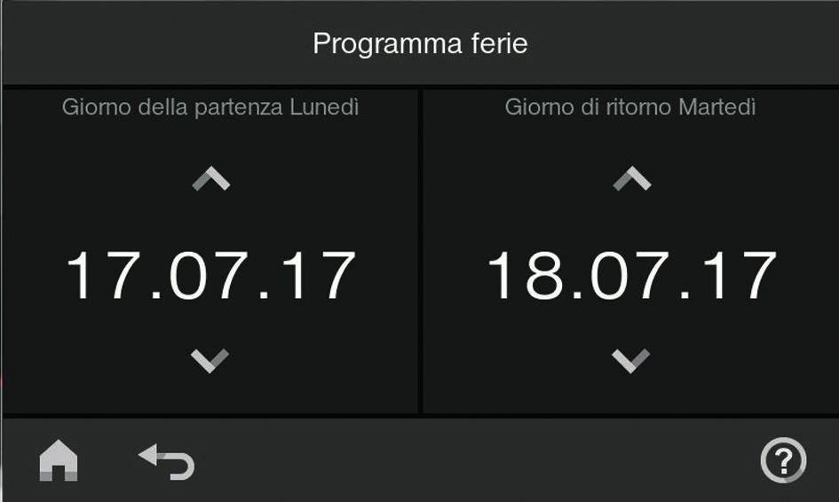 Funzione di risparmio energetico Programma ferie (continua) Ventilazione controllata per abitazioni Mentre il programma ferie è attivo, nella segnalazione di base appare Programma ferie. 1. Menù 2.