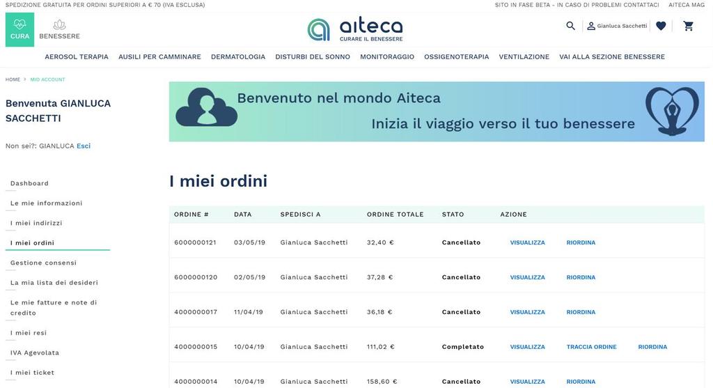 Area Account - I miei ordini Nome Cognome Nella sezione «I miei ordini» è possibile: - Controllare lo storico dei propri ordini - Controllare il dettaglio del singolo ordine cliccando su «Visualizza»