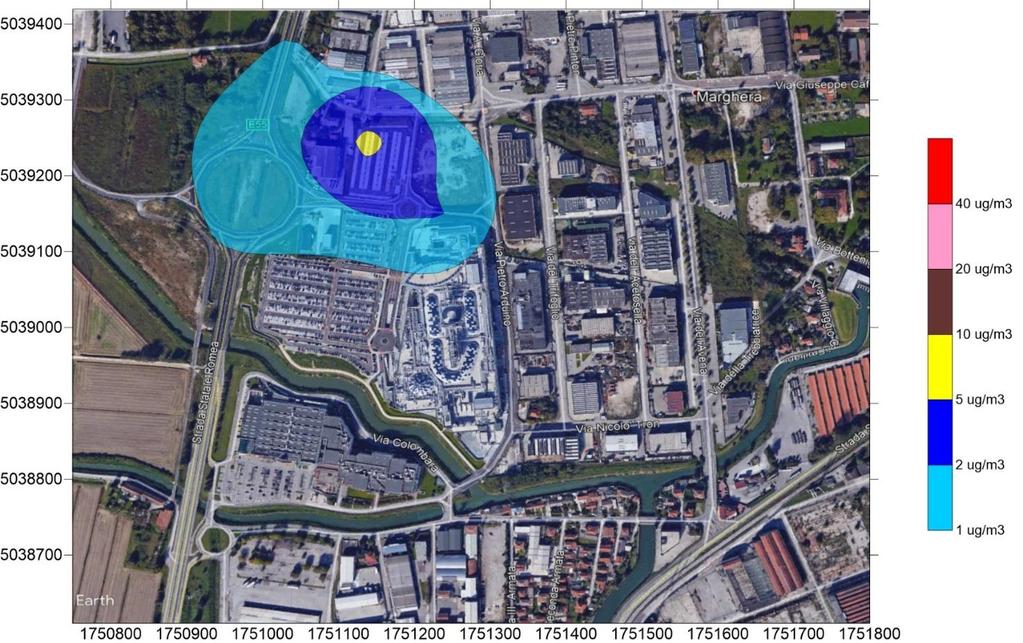 Figura 1 - Modellizzazione delle immissioni di Biossido di Azoto dovute al traffico veicolare indotto Dalla mappa si