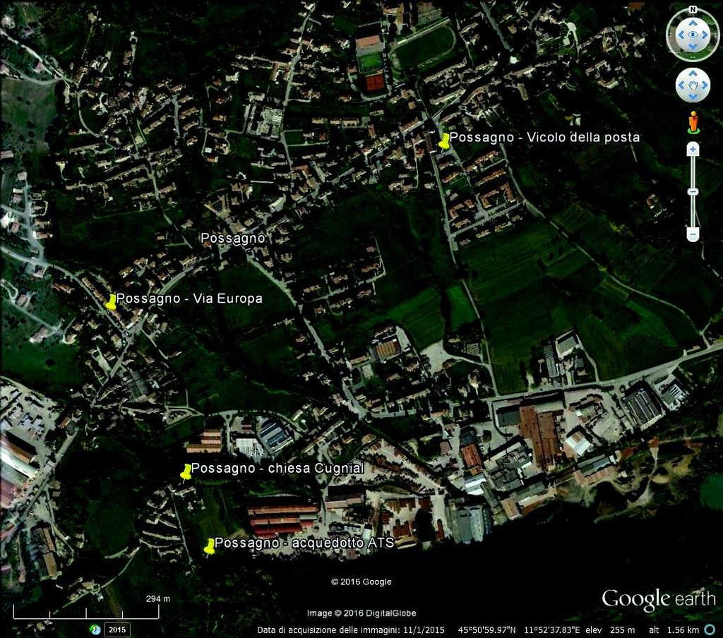 Figura 2. Localizzazione geografica del campionatore portatile a Possagno (acquedotto ATS) e dei n.3 siti monitorati con campionatori passivi 3.