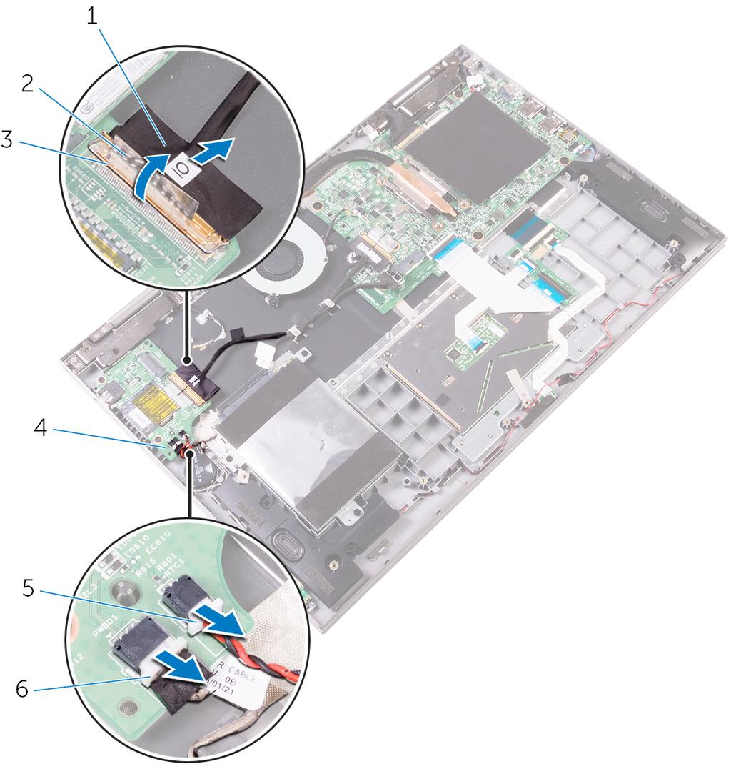 3 Scollegare il cavo della batteria pulsante e quello della scheda dei pulsanti di alimentazione e del volume dalla scheda di I/O. Figura 23.