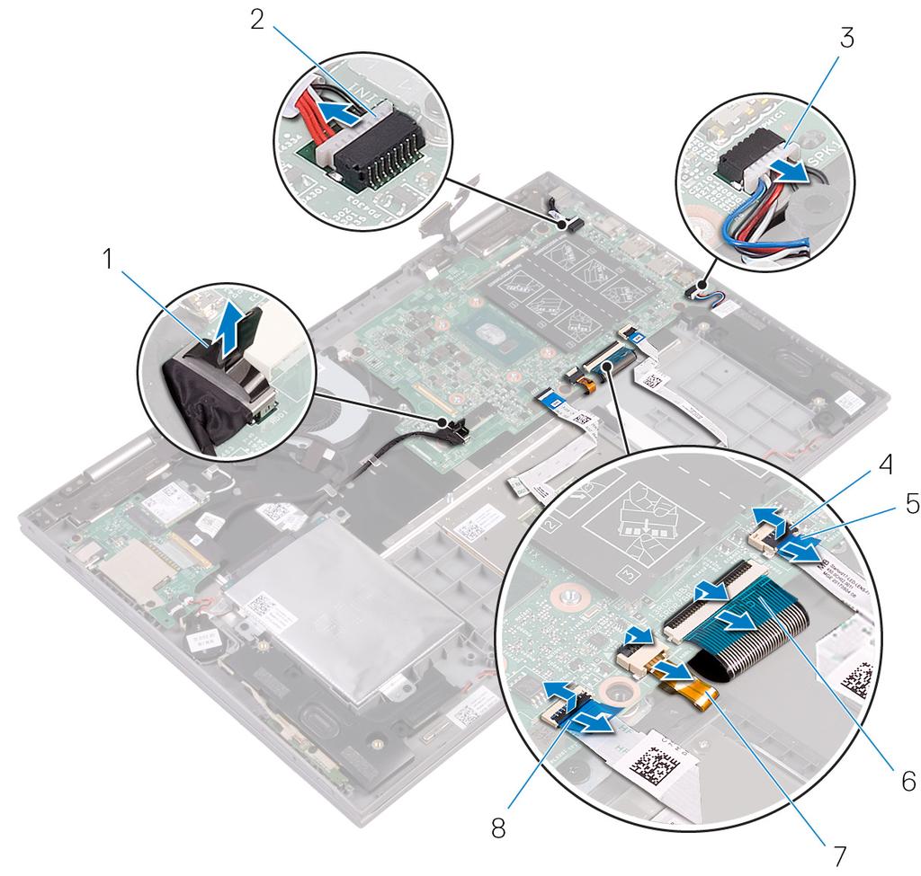 7 Sollevare i dispositivi di chiusura e disconnettere il cavo della scheda di stato delle luci, il cavo della tastiera, il cavo della retroilluminazione della tastiera e il cavo del touchpad dalla