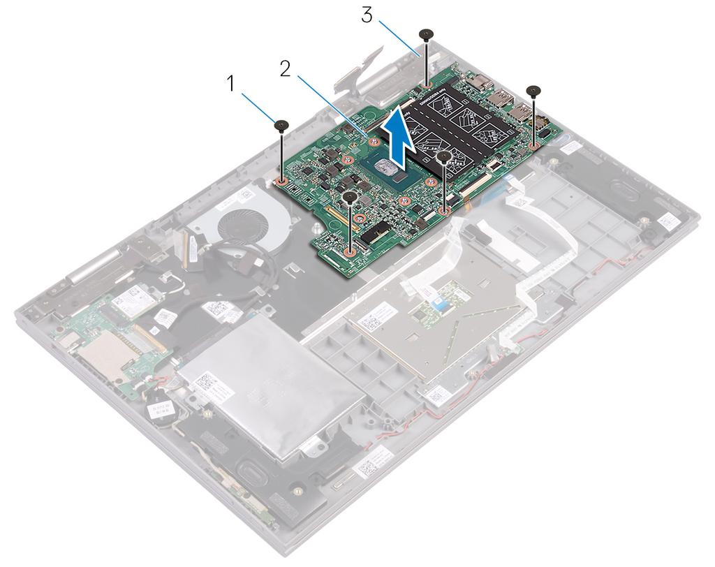 8 Ricollocare le cinque viti (M2x2 Big Head) che fissano la scheda di sistema al gruppo del supporto per i polsi e tastiera.