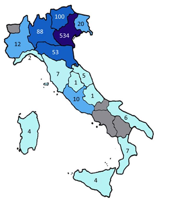 Numerosità pazienti per regione di provenienza + 2 provenienti da Paesi stranieri