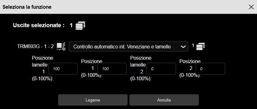 - Automatismo tapparelle posizione e lamelle interr: Permette di collocare la tapparella o la veneziana all'altezza desiderata e di disporre le lamelle della veneziana in base a un valore % tramite