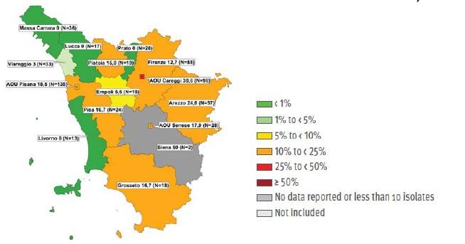 Klebsiella pneumoniae: resistenza a colistina 25% saggiate vs colistina Maggiori % R Romania25.8 ( saggiata su 81%) Grecia19.