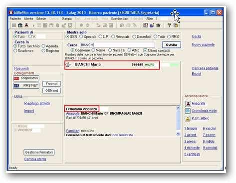 Come verificare il medico firmatario Nella videata Ricerca paziente di Millewin, selezionando un paziente, è possibile visualizzare il Medico che effettuerà la validazione, la stampa e l invio della