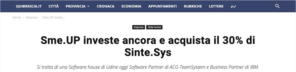 (red.) Sme.UP, gruppo specializzato nella risoluzione delle complessità del business moderno, acquisisce il 30% delle quote di SINTE.