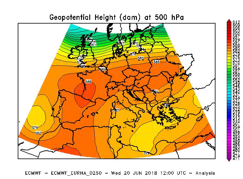 Figura 4 - Altezza di geopotenziale a 500 hpa alle ore 12 UTC del 20 giugno 2018.