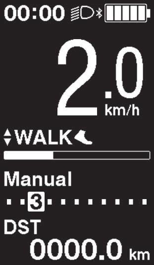FUNZIONAMENTO E IMPOSTAZIONE Modalità di servoassistenza Walk 2. Facendo la massima attenzione, spingere la bicicletta con la servoassistenza Walk. 3.