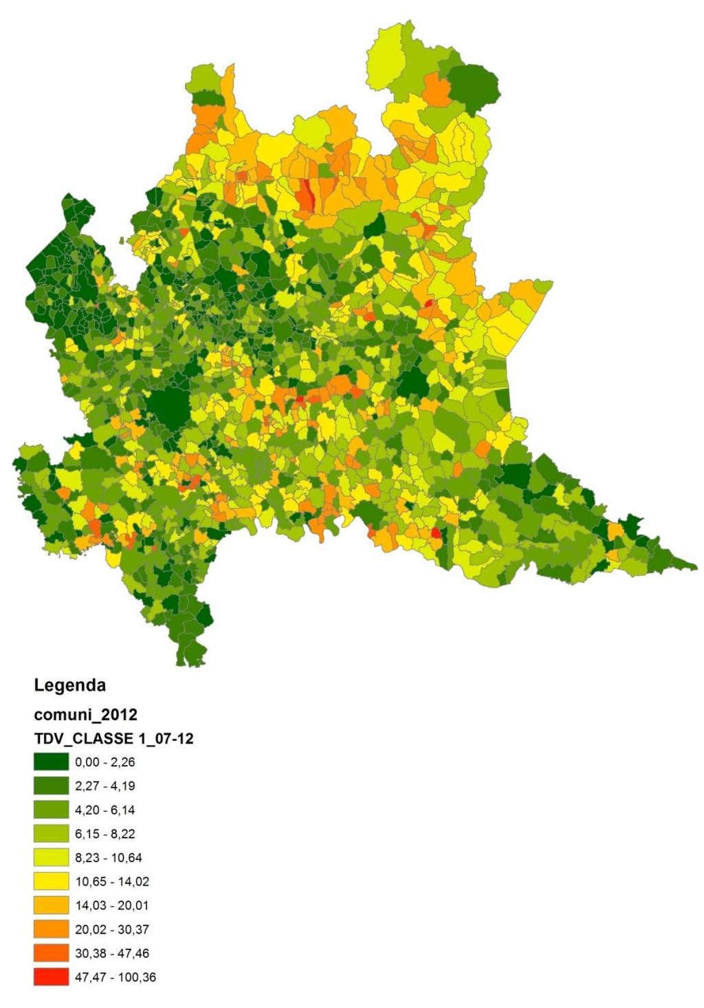 Figura 15 Distribuzione dei tassi di variazione delle superfici antropizzate BOX 4 Consumo di suolo in Lombardia (tassi di variazione) La distribuzione dei tassi di variazione delle superfici