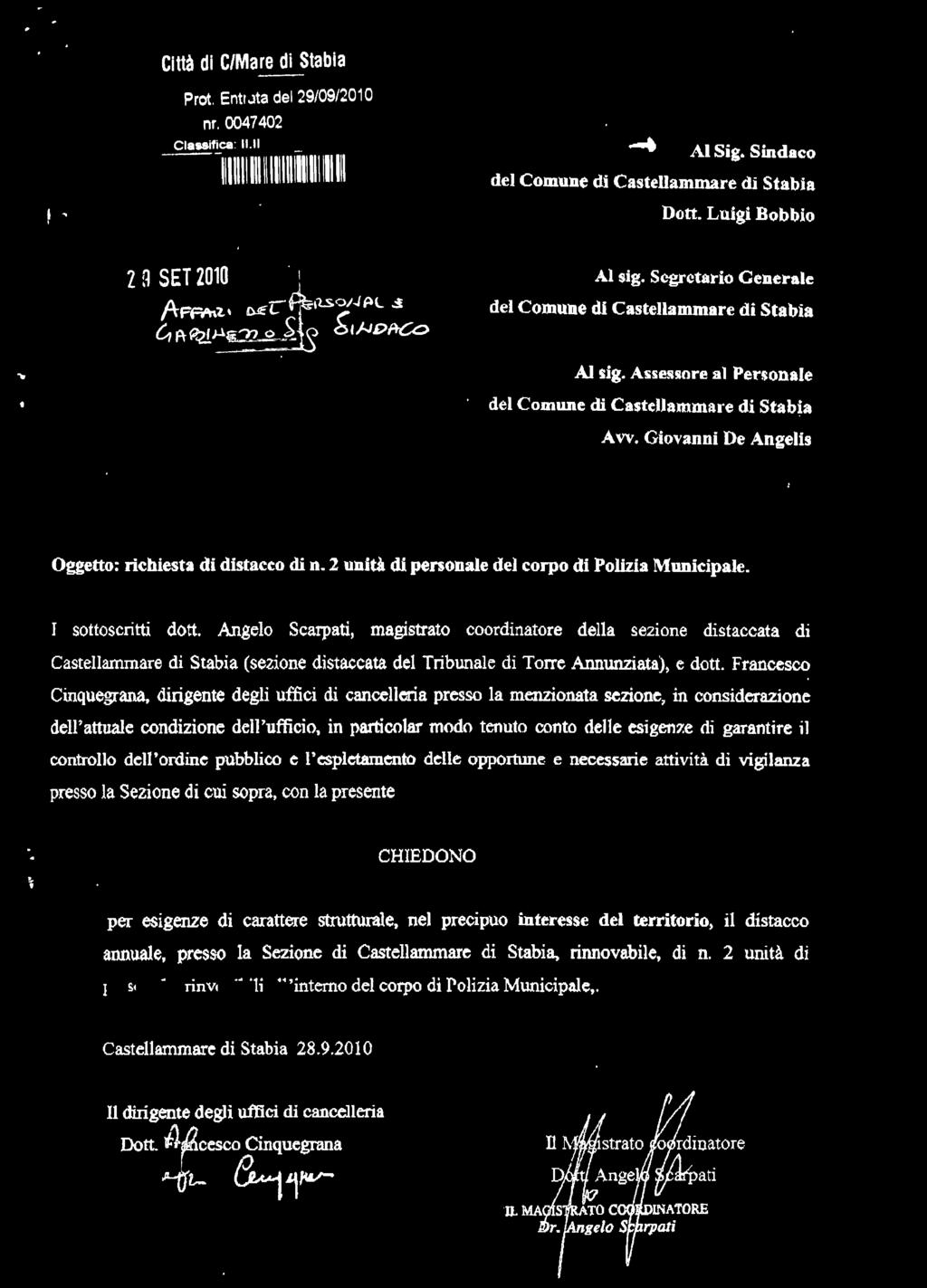 Giovanni De Angelis Oggetto: richiesta di distacco di n. 2 unità di penonale del corpo di Polizia Municipale. I sottoscritti dott.