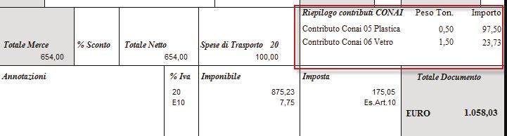 Esempio di fattura stampata su modello standard per la gestione del contributo CONAI Esempio di fattura stampata su modello personalizzato per la gestione del contributo CONAI 7.2.4.