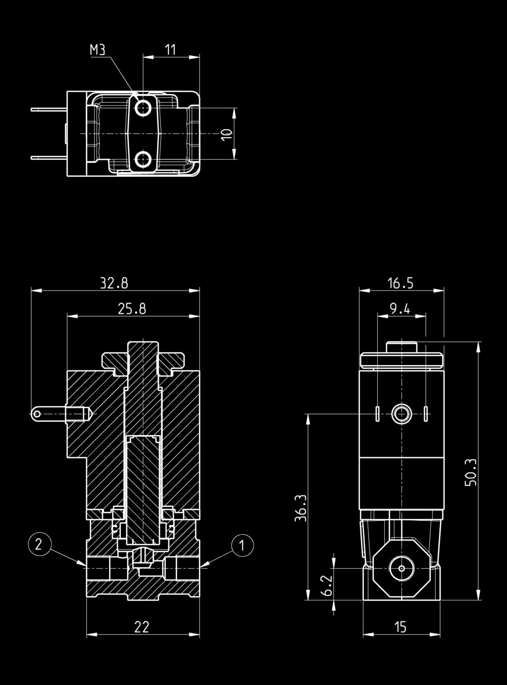 Valvole proporzionali Serie AP - 16 mm, corpo con attacchi filettati Mod. Conn. 1 Conn. 2 Funzione Orifizio Ø (mm) kv (l/min) Pressione max (bar) Portata max (Nl/min) AP-6210-DR2-GP* M5 M5 2/2 NC 0.