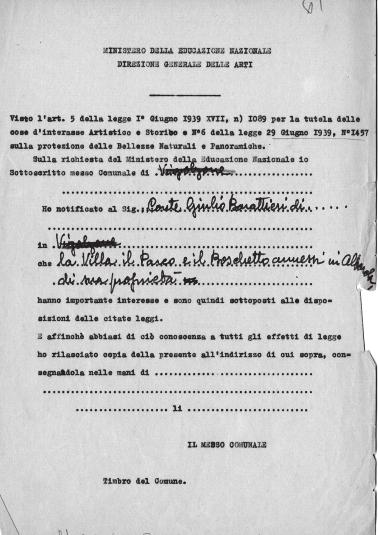1939, n. 1089] Dichiarazione di interesse particolarmente importante dell immobile Villa e Parco Barattieri ai sensi della legge 1 giugno 1939 n.