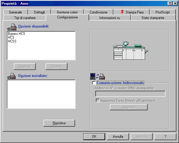 1-19 Configurazione della stampa PostScript con Windows NT 4.0 3. Fare clic sulla scheda Configurazione.. Configurazione unità di finitura HCS, HCSS, Bypass HCS 4.