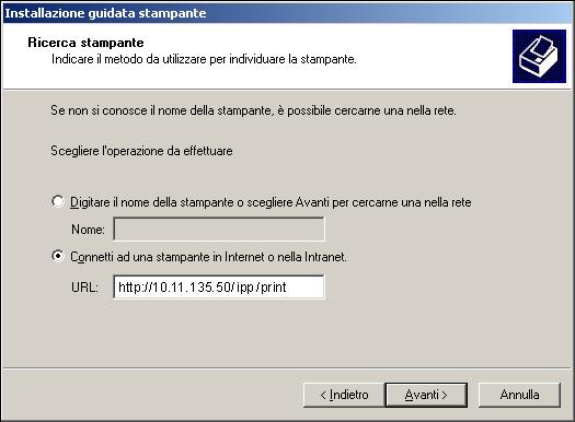 1-46 Installazione del software utente su un computer Windows 4. Selezionare Connetti ad una stampante in Internet o nella Intranet. Immettere l indirizzo IP o il nome del computer nel campo URL.