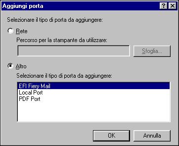 1-57 Uso dei programmi di utilità Fiery per la prima volta 4. Fare clic su Aggiungi porta. 5. Fare clic su Altro e selezionare EFI Fiery Mail dall elenco delle porte. 6. Fare clic su OK. 7.