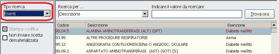 RICETTA ACCERTAMENTI E FARMACI Selezionando nella casella Tipo ricerca la voce Esenti, nel riquadro delle prestazioni, vengono visualizzate tutte le prestazioni per cui spetta una