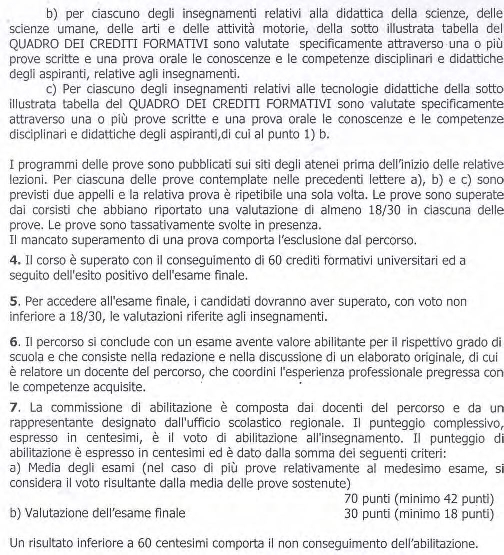 b) per ciascuno degli insegnamenti relativi alla didattica della scienze, delle scienze umane, delle arti e delle attività motorie, della sotto illustrata tabella del QUADRO DEI CREDITI FORMATIVI