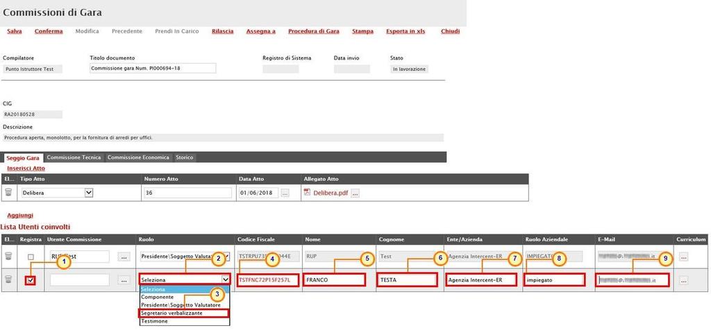 All'atto della conferma del documento Commissioni di Gara, l'utente indicato verrà automaticamente registrato al sistema, contestualmente alla creazione del Seggio di Gara e delle