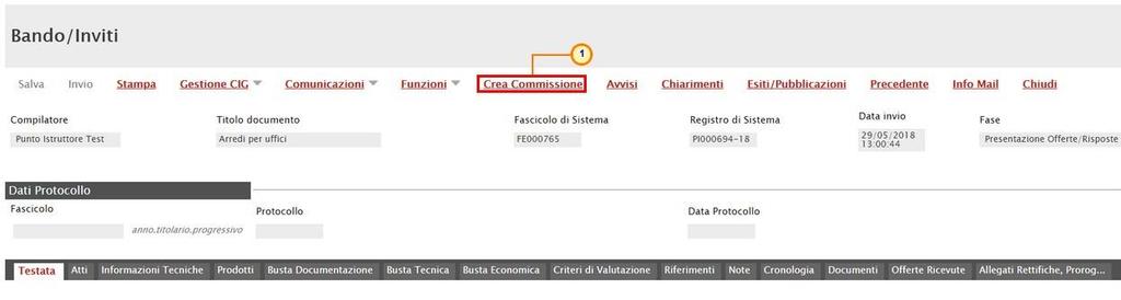 Figura 2: Dettaglio Procedura di Gara Per procedere alla creazione delle Commissioni di Gara, cliccare sul comando Crea Commissione posizionato nella toolbar in cima alla schermata, che risulterà