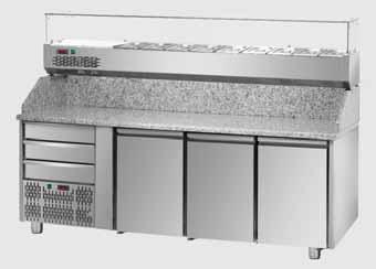 e Vetrina Refrigerata 3 doors Refrigerated Pizza Counter GN1/1 with 1 neutral drawer, granite working top, refrigerated display and units on the left side - Tour Réfrigéré Pizza GN1/1 en Acier Inox