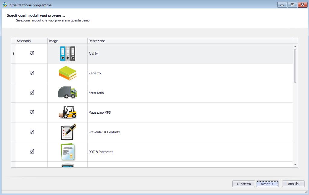 Scelta dei moduli da provare in demo Questa schermata ti consente di scegliere, tramite apposite spunte, i moduli che intendi provare nella versione dimostrativa di PrometeoRifiuti.