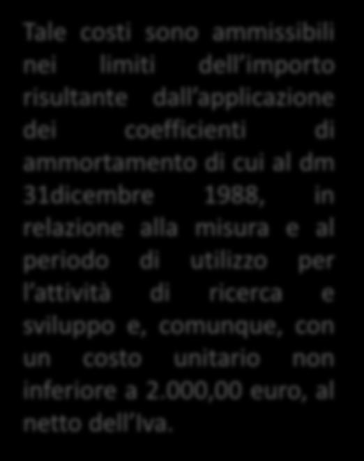 Credito d imposta per attività di R&S Costi ammissibili quote di ammortamento delle spese di acquisizione o utilizzazione di strumenti e attrezzature di laboratorio.