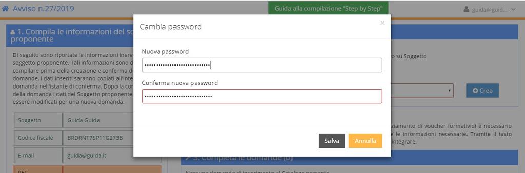 Cliccando sul pulsante di modifica della password, sarà possibile scegliere una nuova password e confermarla.