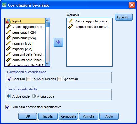 Uso del software : la correlaizone Esercizio: la correlazione Utilizzando il file qdv_esercio.sav: Ottenere la matrice di correlazione tra alcune variabili a scelta.