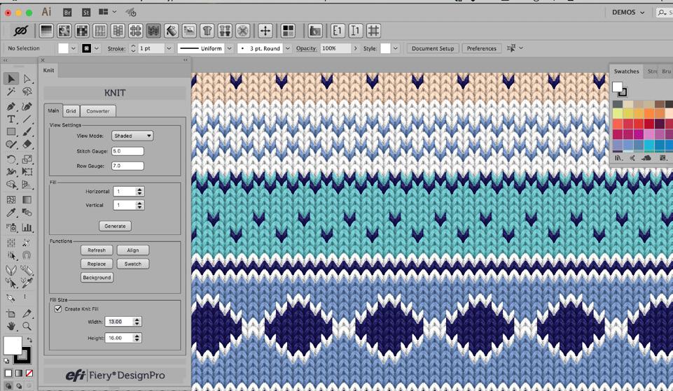 Ricolorate il disegno con DesignPro Colorist. Fiery DesignPro Knit Create motivi a maglia, tra cui Fair Isles, intarsi o layout di punti personalizzati.