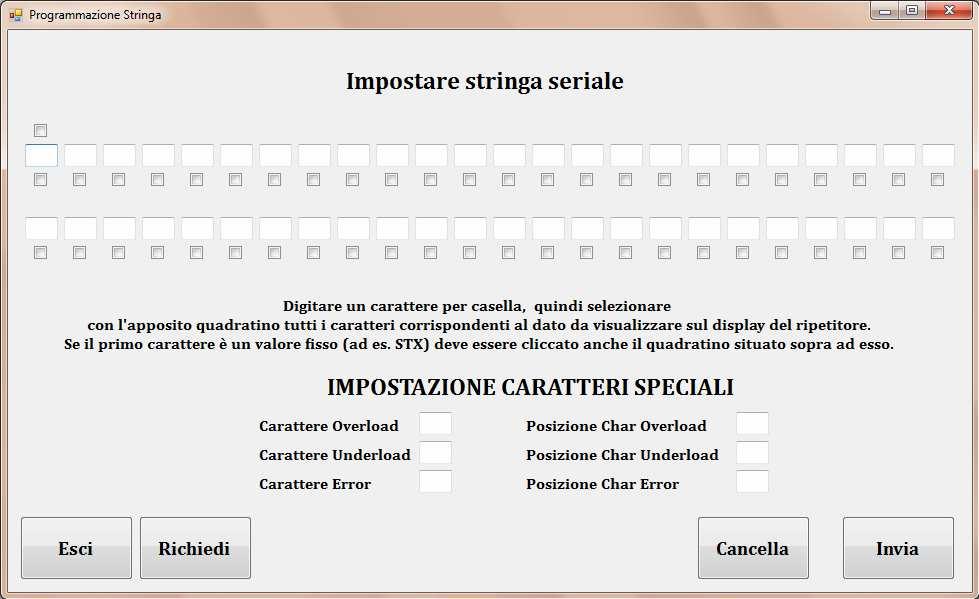 PROGRAMMAZIONE PROTOCOLLO Come già detto questo ripetitore può funzionare con qualsiasi tipo di stringa seriale a patto che essa venga programmata nello strumento.