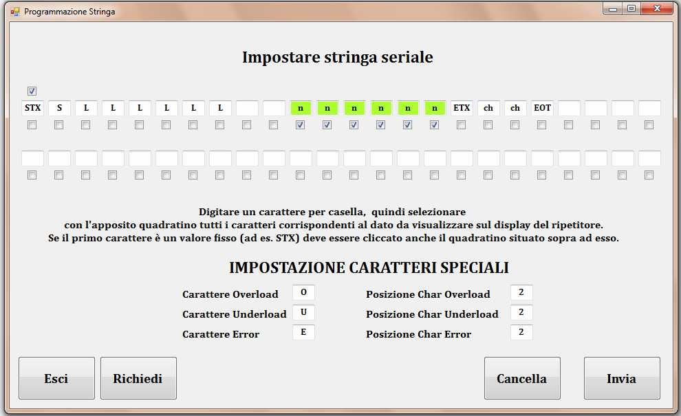 8 che oltretutto permette anche di programmare i seguanti dati: numero di cifre decimali, baud rate, formato dati, timeout, luminosità.