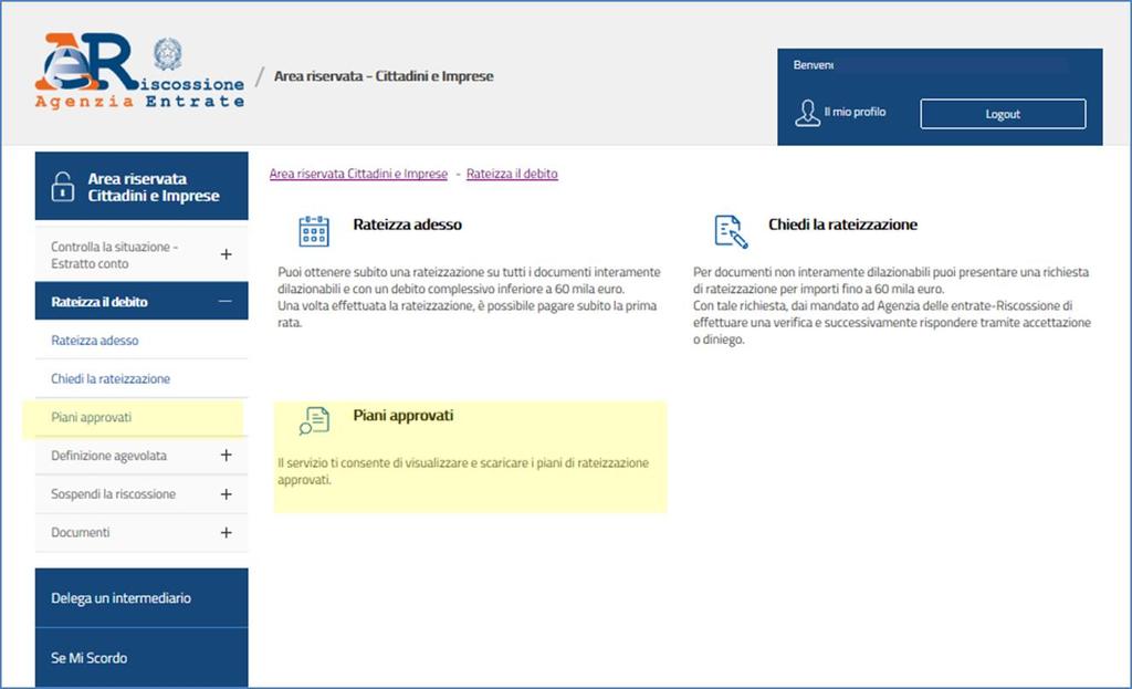 Rateizza il debito Piani approvati Il servizio ti consente di visualizzare e