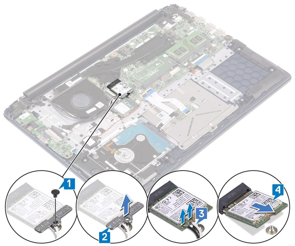 Installazione della scheda WLAN 1 Collegare i cavi dell'antenna WLAN al connettore sulla scheda WLAN [1]. 2 Inserire la scheda WLAN a un'angolazione nel connettore WLAN sulla scheda di sistema [2].