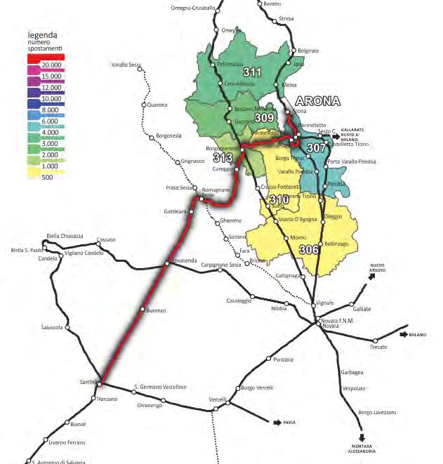 relazioni con le altre zone, le più frequenti, come riportato nel grafico e nella mappa, riguardano le zone di Castelletto Ticino (R307) con il 31% delle relazioni, di San Maurizio di Opaglio (R311)