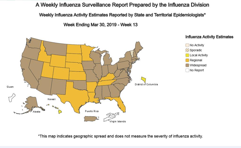 USA In tutti gli Stati Uniti, si registra una diminuzione nella circolazione dei virus influenzali sebbene rimanga nel complesso ancora sostenuta, come evidenziato nella mappa sottostante aggiornata