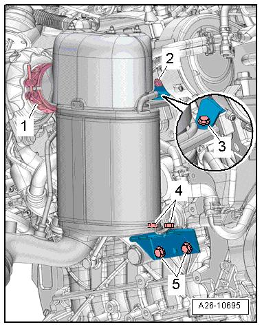Pagina 12 di 13 1. Montare il filtro antiparticolato sul turbocompressore; fissare la fascetta -1- senza stringerla troppo 2.